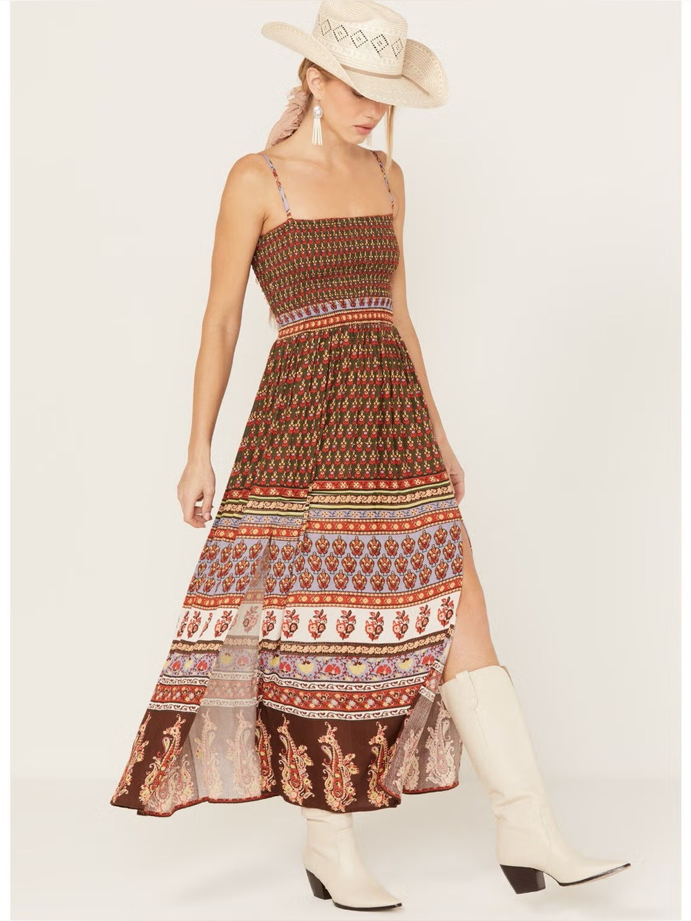 Shyanne Border Print Western Smocked Boho Maxi Dress